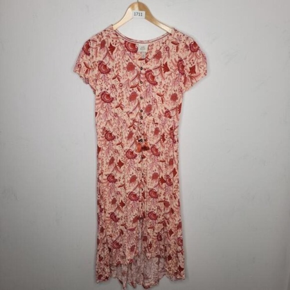 Knox Rose Boho Shirt Dress XL Low High Floral Button Frontโ Tassel Belt Pink